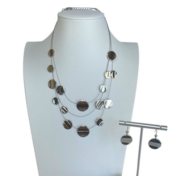 Necklace and Ear Set, Silver Tone, 3 Strand Illusion, Flat Bead, 16"-20" - Picture 2 of 10